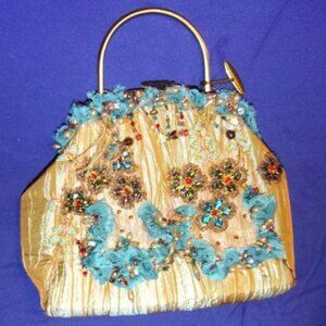MARY FRANCES JEWELED BEADED EMBELLISHED HANDBAG w/METAL HANDLE AND BEADED STRAP.